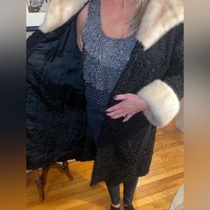 Authentic Persian black lamb coat with white mink collar and cuffs
